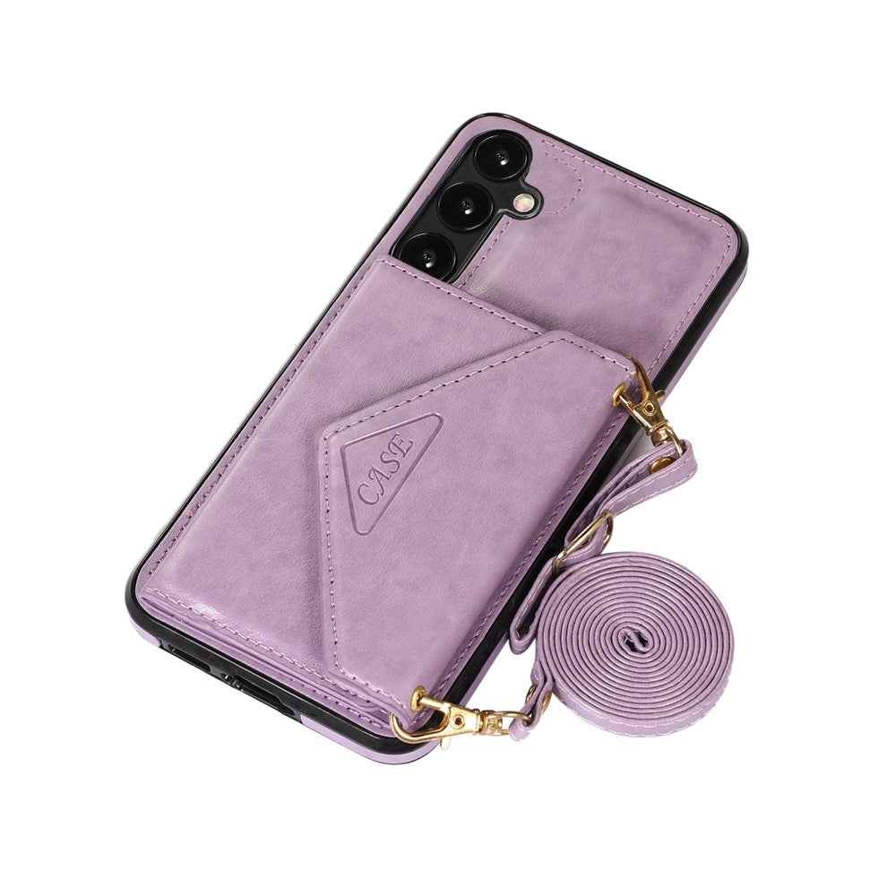 For Samsung Galaxy A57 5G Cell Phone Case Triangle Lid Card Bag Leather + TPU Cover with Long Strap - Purple