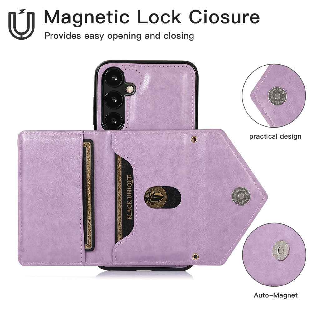 For Samsung Galaxy A57 5G Cell Phone Case Triangle Lid Card Bag Leather + TPU Cover with Long Strap - Purple