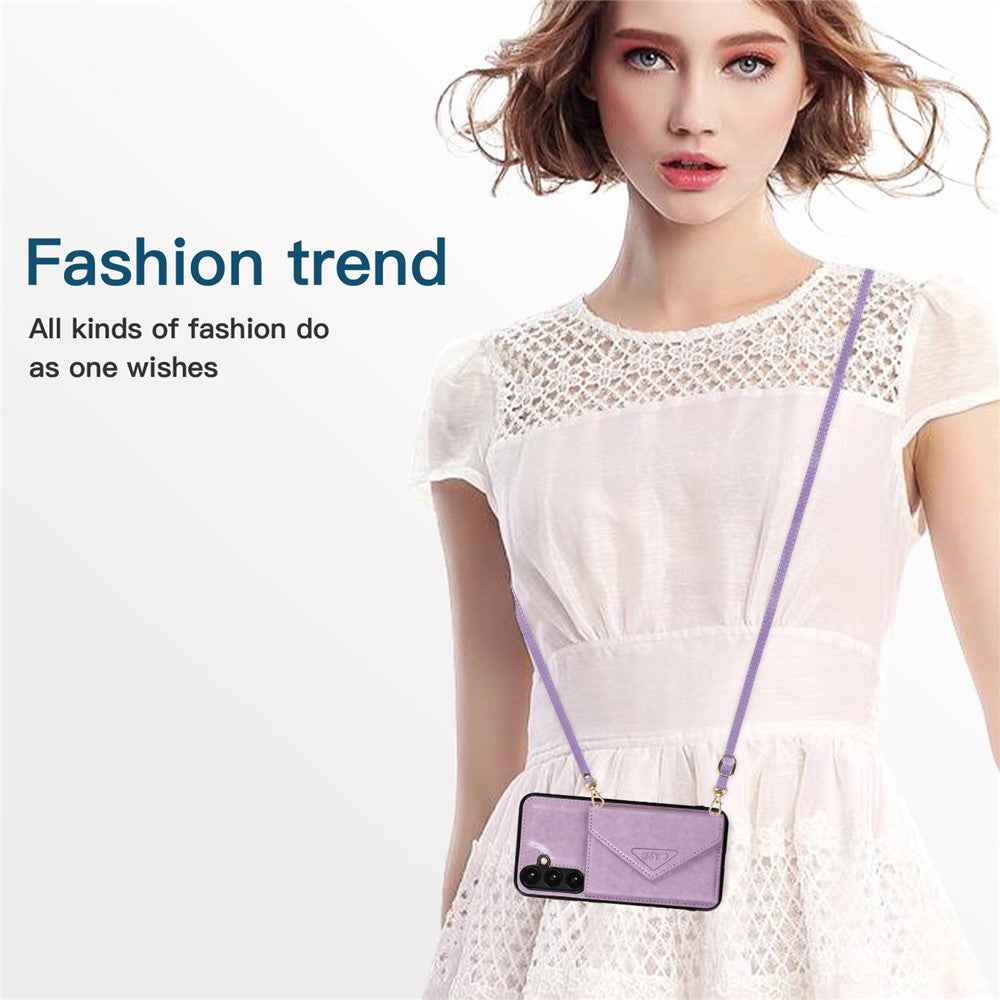 For Samsung Galaxy A57 5G Cell Phone Case Triangle Lid Card Bag Leather + TPU Cover with Long Strap - Purple