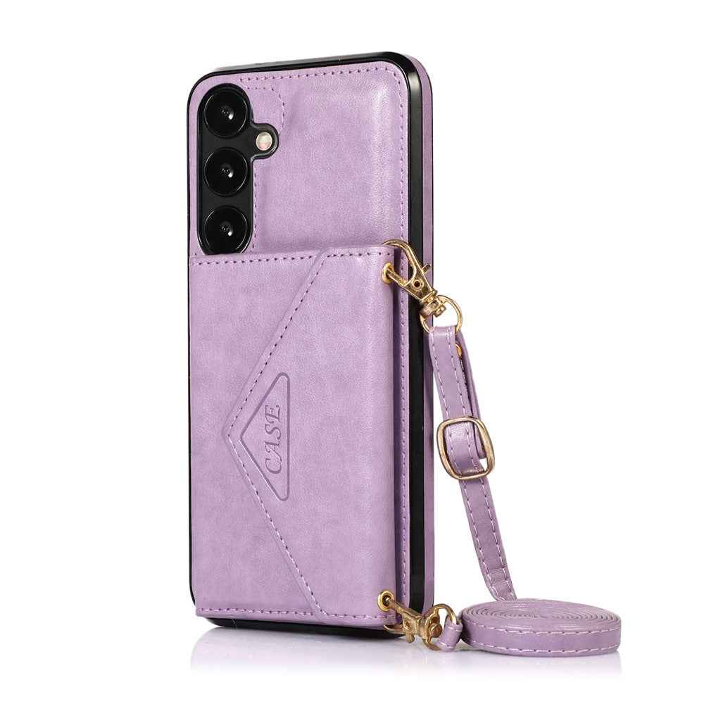 For Samsung Galaxy A57 5G Cell Phone Case Triangle Lid Card Bag Leather + TPU Cover with Long Strap - Purple