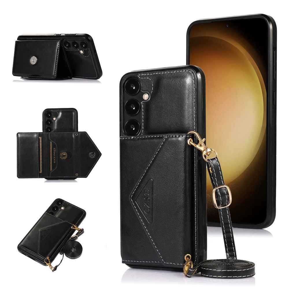 For Samsung Galaxy A57 5G Cell Phone Case Triangle Lid Card Bag Leather + TPU Cover with Long Strap - Black