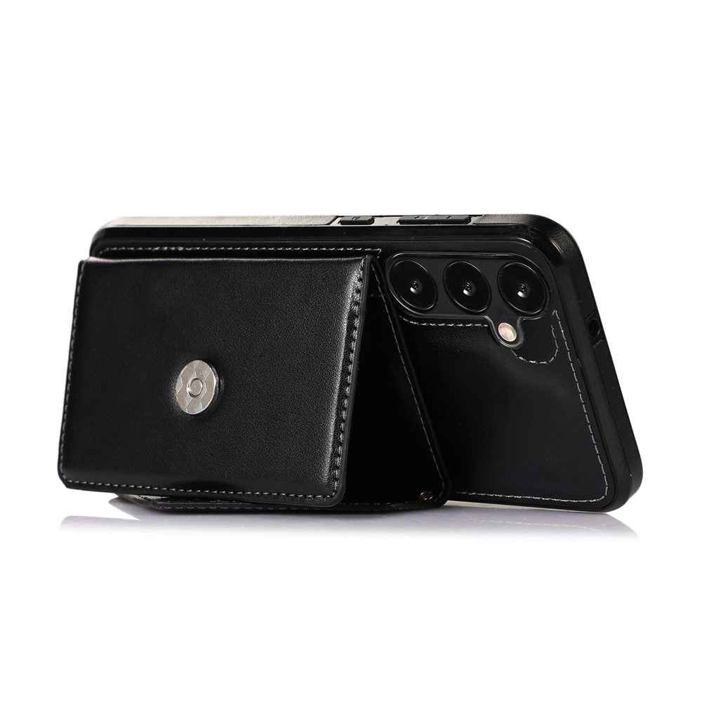 For Samsung Galaxy A57 5G Cell Phone Case Triangle Lid Card Bag Leather + TPU Cover with Long Strap - Black