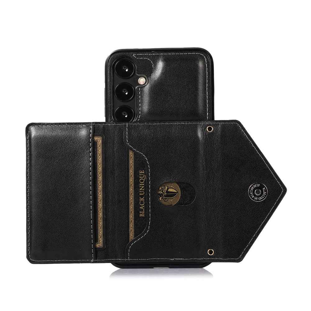 For Samsung Galaxy A57 5G Cell Phone Case Triangle Lid Card Bag Leather + TPU Cover with Long Strap - Black