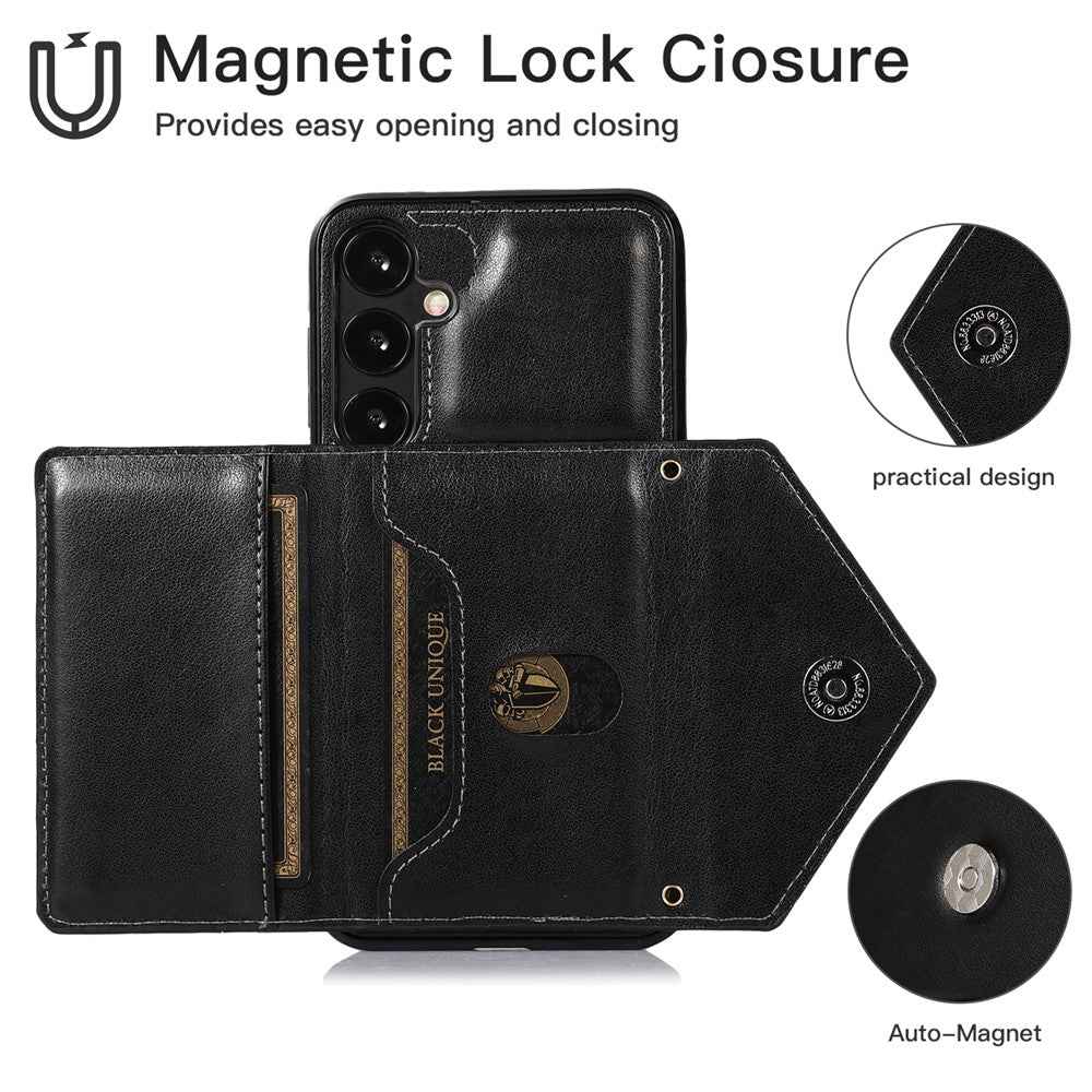 For Samsung Galaxy A57 5G Cell Phone Case Triangle Lid Card Bag Leather + TPU Cover with Long Strap - Black