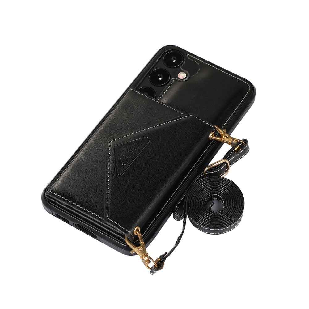 For Samsung Galaxy A57 5G Cell Phone Case Triangle Lid Card Bag Leather + TPU Cover with Long Strap - Black