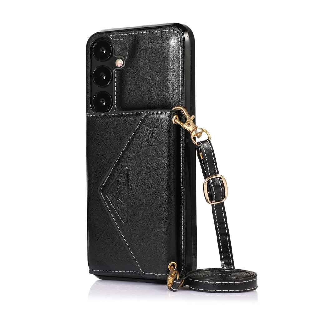 For Samsung Galaxy A57 5G Cell Phone Case Triangle Lid Card Bag Leather + TPU Cover with Long Strap - Black