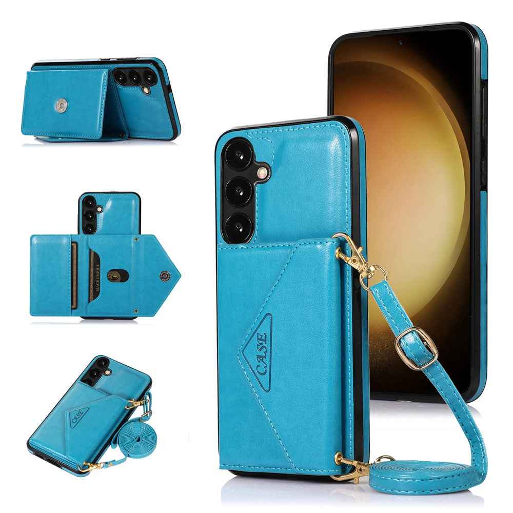 For Samsung Galaxy A57 5G Cell Phone Case Triangle Lid Card Bag Leather + TPU Cover with Long Strap - Blue