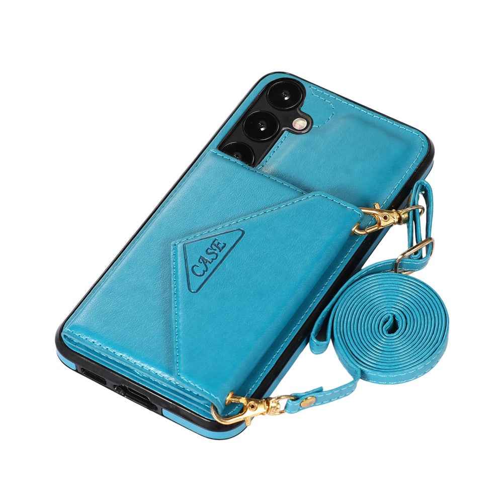 For Samsung Galaxy A57 5G Cell Phone Case Triangle Lid Card Bag Leather + TPU Cover with Long Strap - Blue