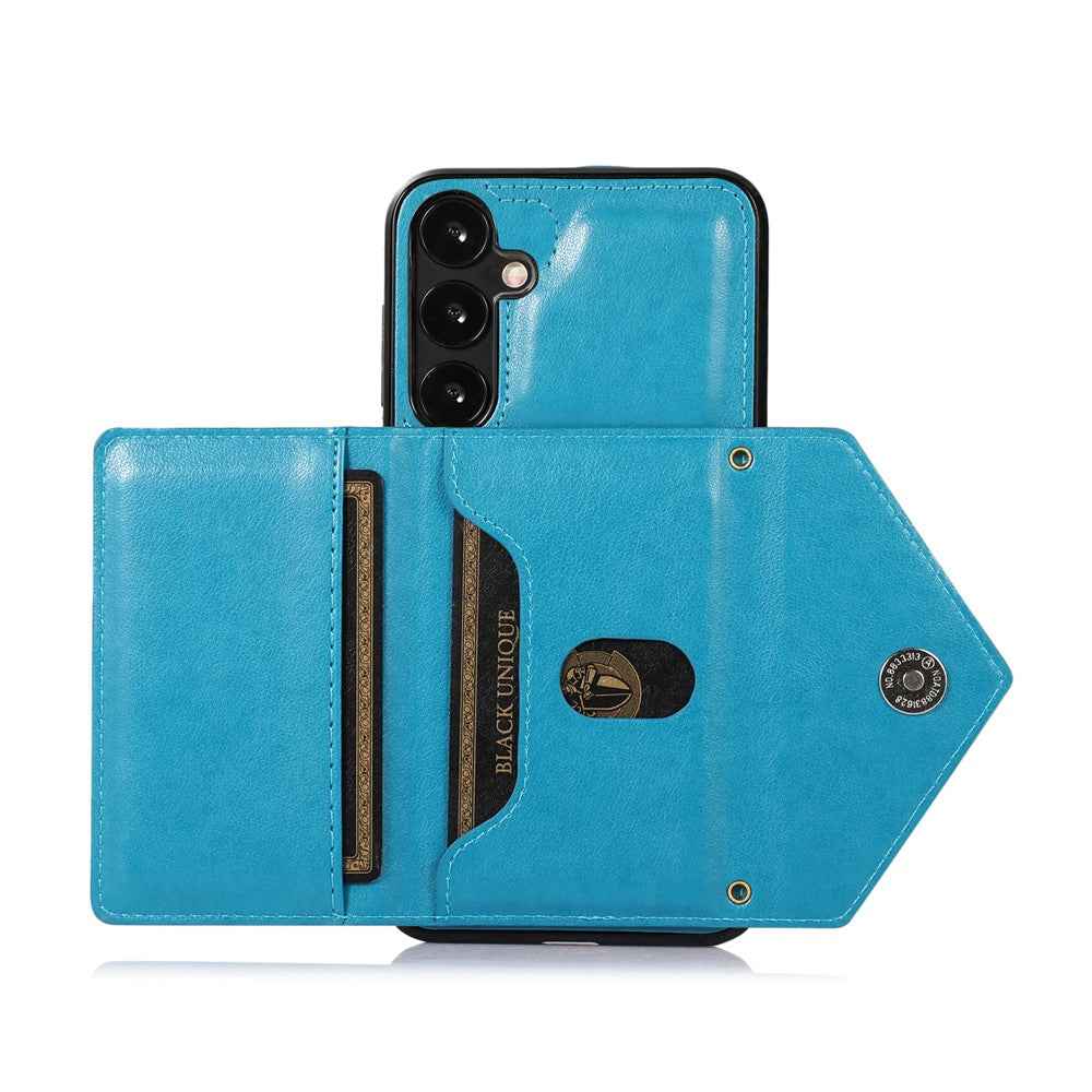 For Samsung Galaxy A57 5G Cell Phone Case Triangle Lid Card Bag Leather + TPU Cover with Long Strap - Blue