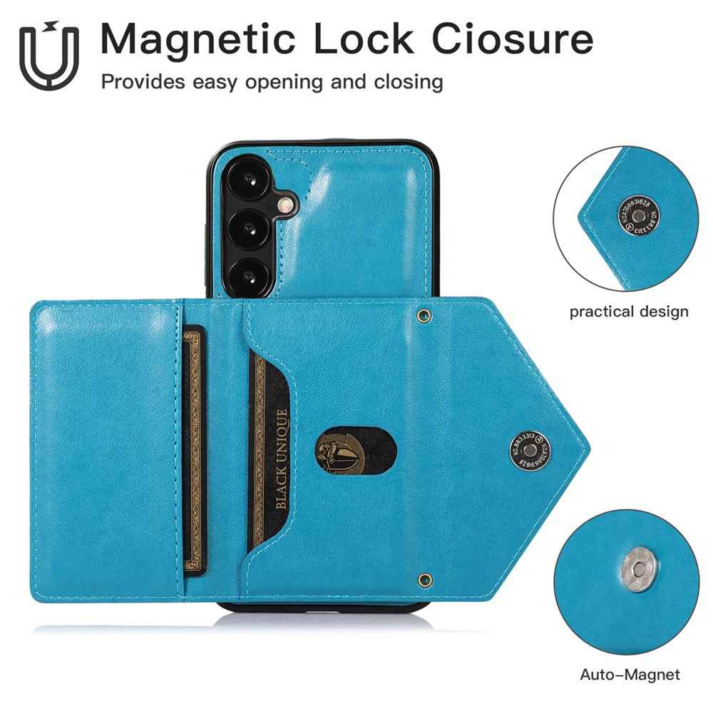 For Samsung Galaxy A57 5G Cell Phone Case Triangle Lid Card Bag Leather + TPU Cover with Long Strap - Blue