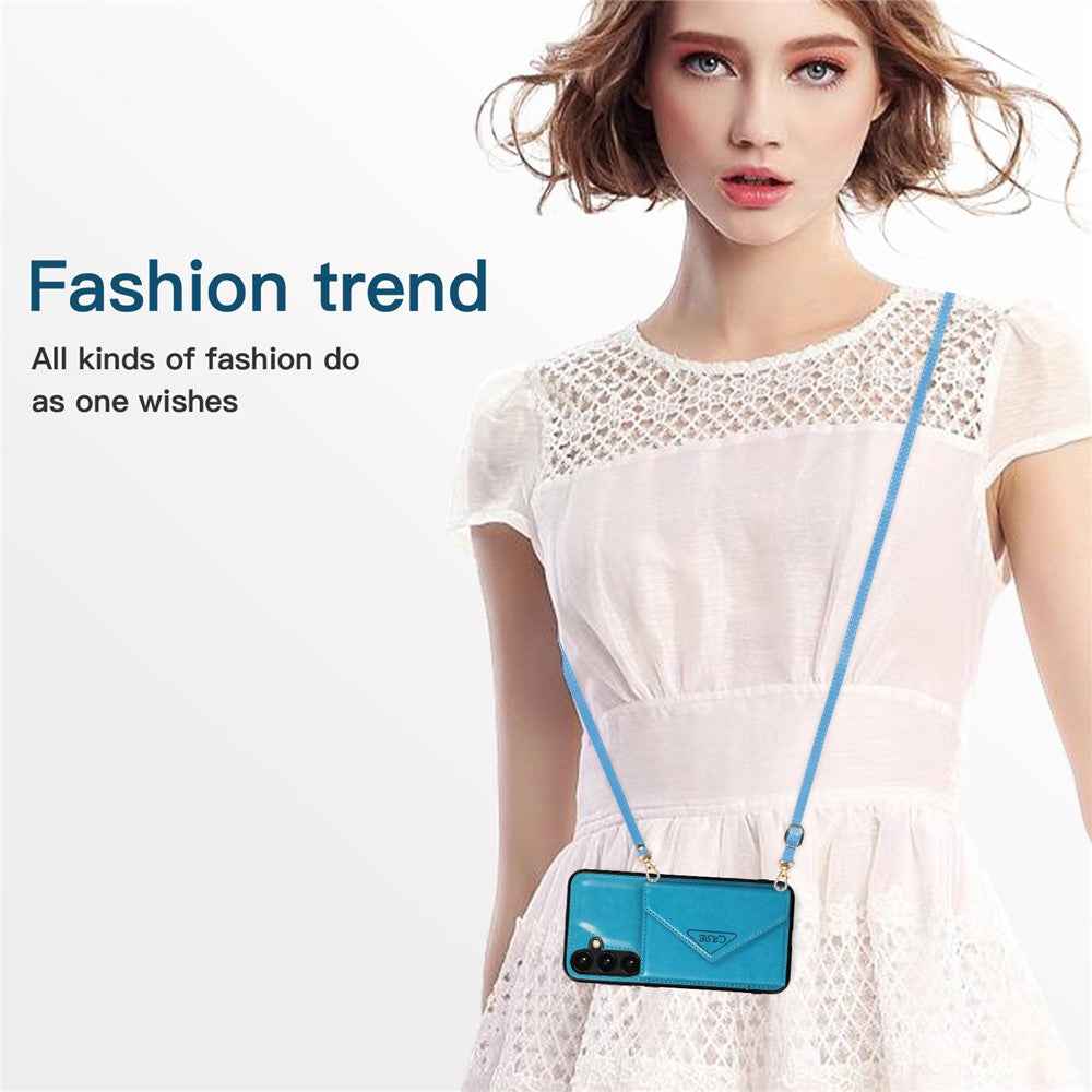 For Samsung Galaxy A57 5G Cell Phone Case Triangle Lid Card Bag Leather + TPU Cover with Long Strap - Blue