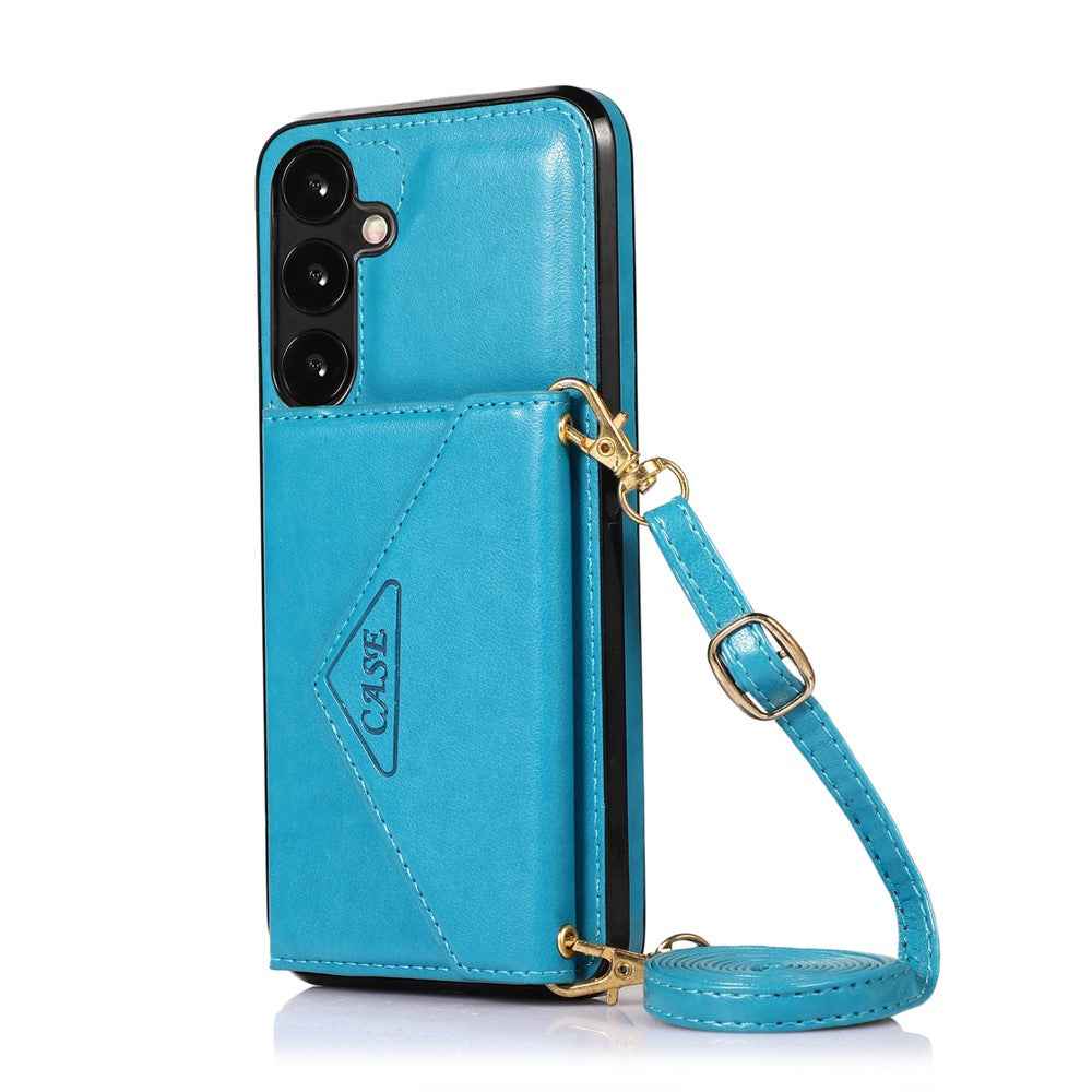 For Samsung Galaxy A57 5G Cell Phone Case Triangle Lid Card Bag Leather + TPU Cover with Long Strap - Blue
