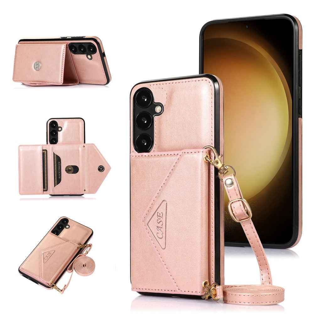 For Samsung Galaxy A57 5G Cell Phone Case Triangle Lid Card Bag Leather + TPU Cover with Long Strap - Rose Gold
