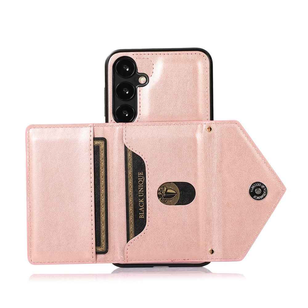 For Samsung Galaxy A57 5G Cell Phone Case Triangle Lid Card Bag Leather + TPU Cover with Long Strap - Rose Gold