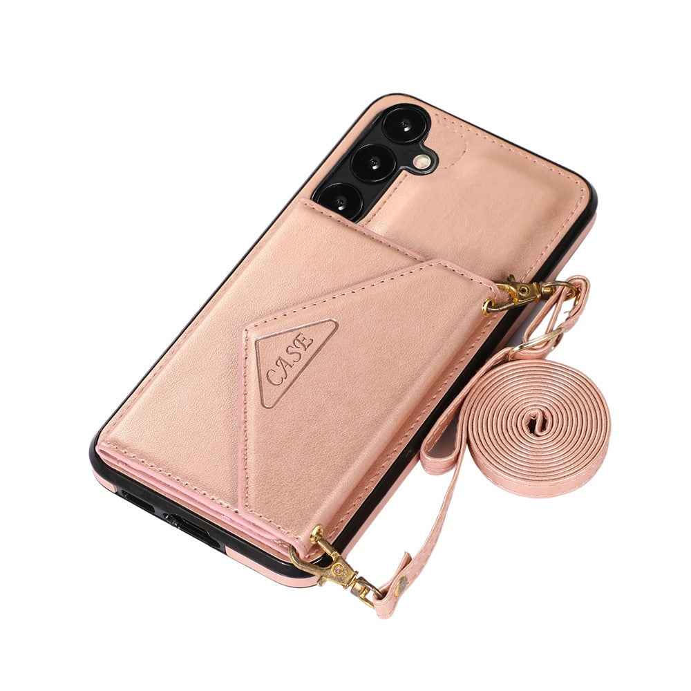 For Samsung Galaxy A57 5G Cell Phone Case Triangle Lid Card Bag Leather + TPU Cover with Long Strap - Rose Gold