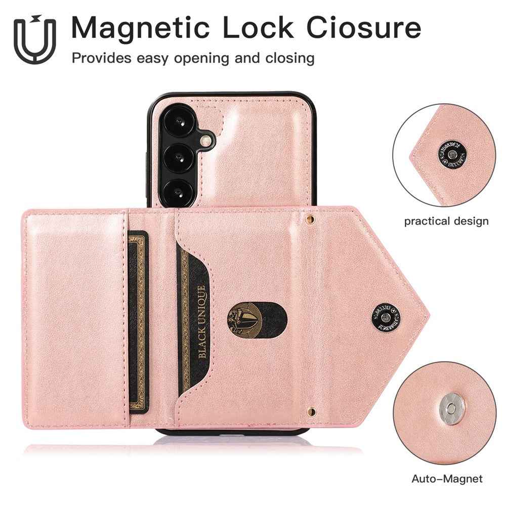 For Samsung Galaxy A57 5G Cell Phone Case Triangle Lid Card Bag Leather + TPU Cover with Long Strap - Rose Gold