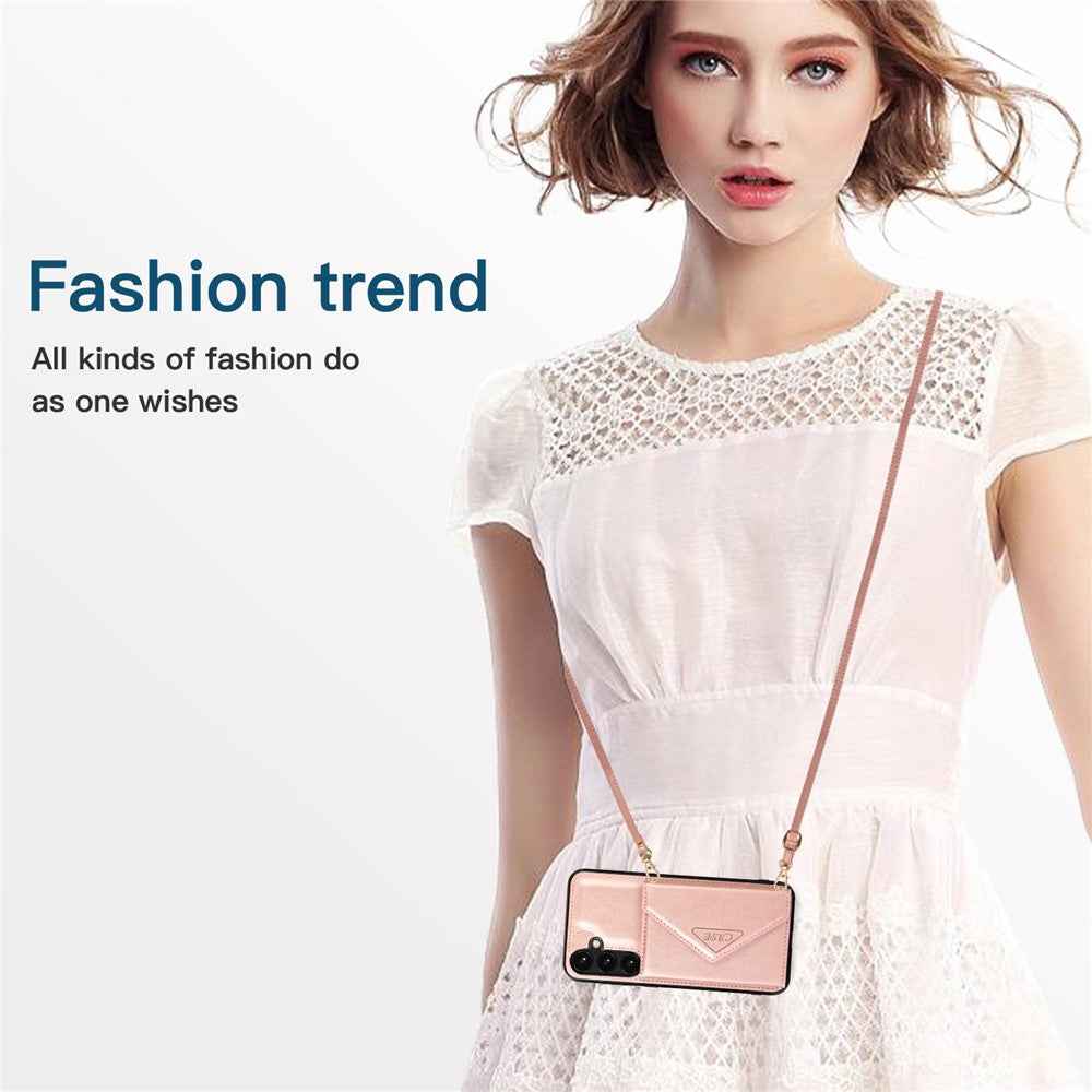For Samsung Galaxy A57 5G Cell Phone Case Triangle Lid Card Bag Leather + TPU Cover with Long Strap - Rose Gold