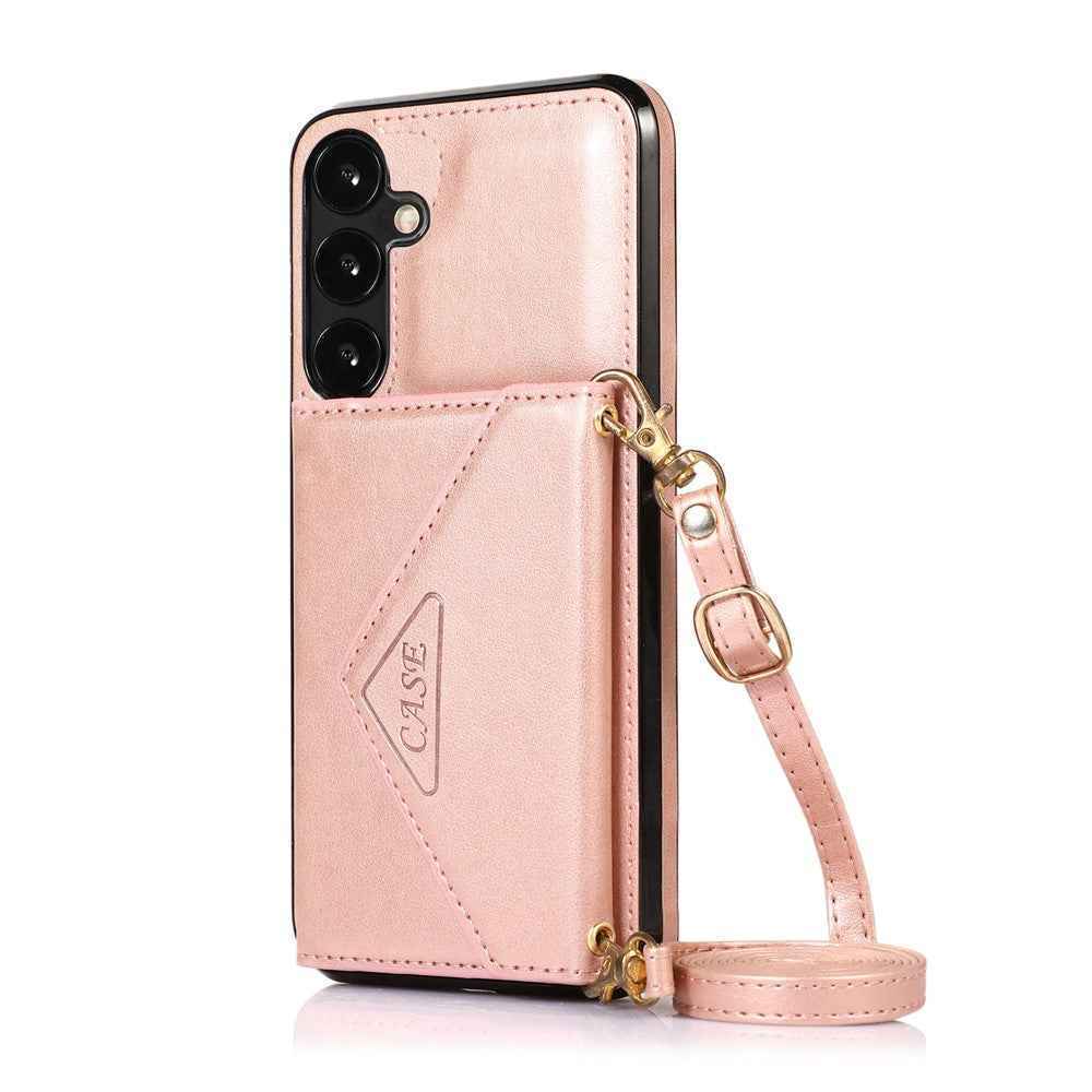 For Samsung Galaxy A57 5G Cell Phone Case Triangle Lid Card Bag Leather + TPU Cover with Long Strap - Rose Gold