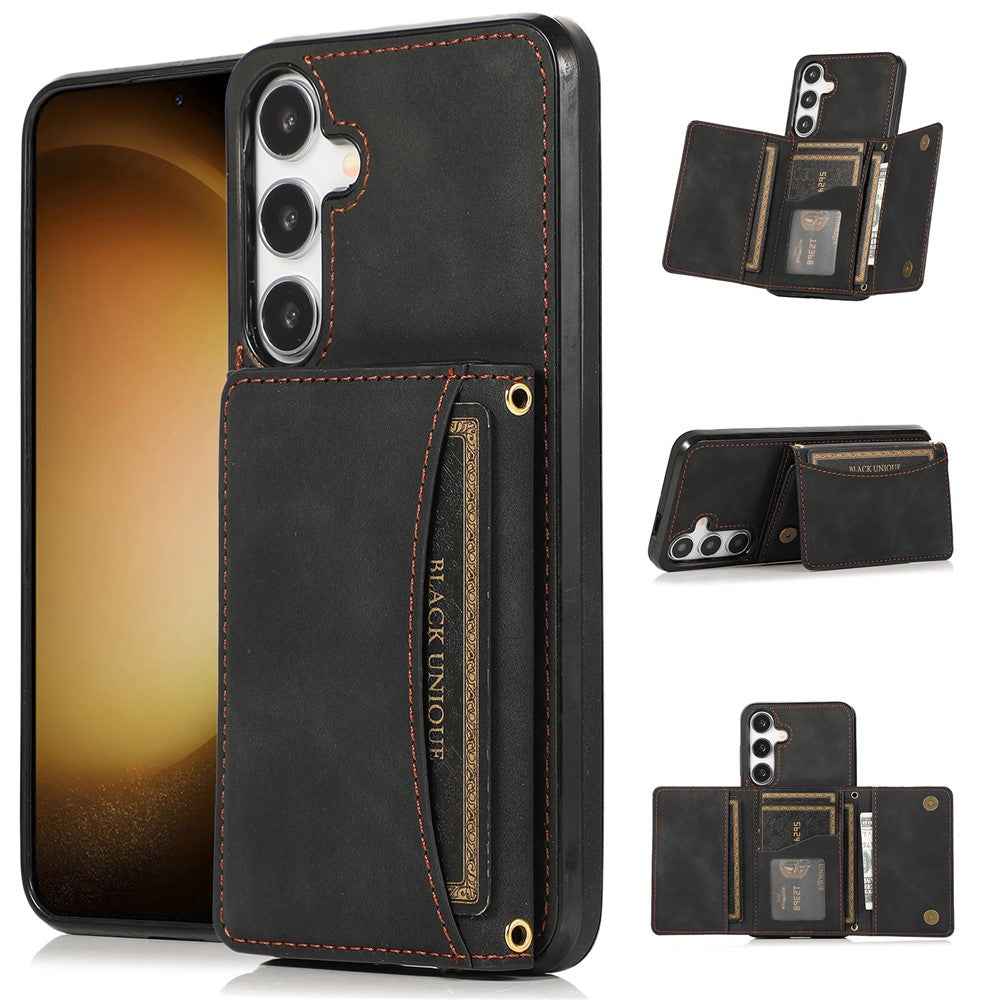 For Samsung Galaxy A57 5G Phone Case Tri-Fold Wallet Kickstand PU Leather + TPU Back Cover - Black