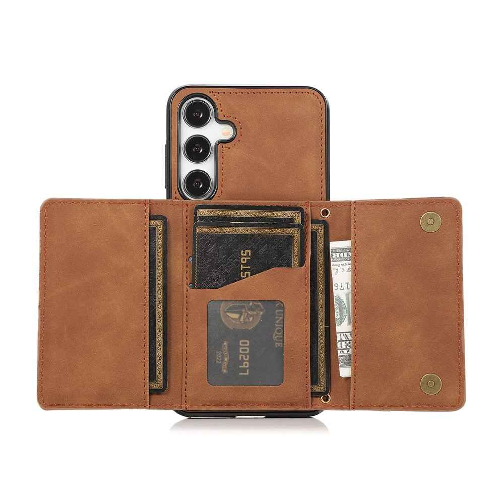 For Samsung Galaxy A57 5G Phone Case Tri-Fold Wallet Kickstand PU Leather + TPU Back Cover - Brown