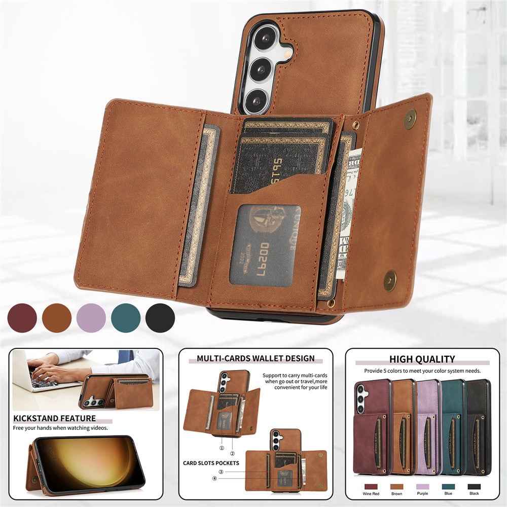 For Samsung Galaxy A57 5G Phone Case Tri-Fold Wallet Kickstand PU Leather + TPU Back Cover - Brown