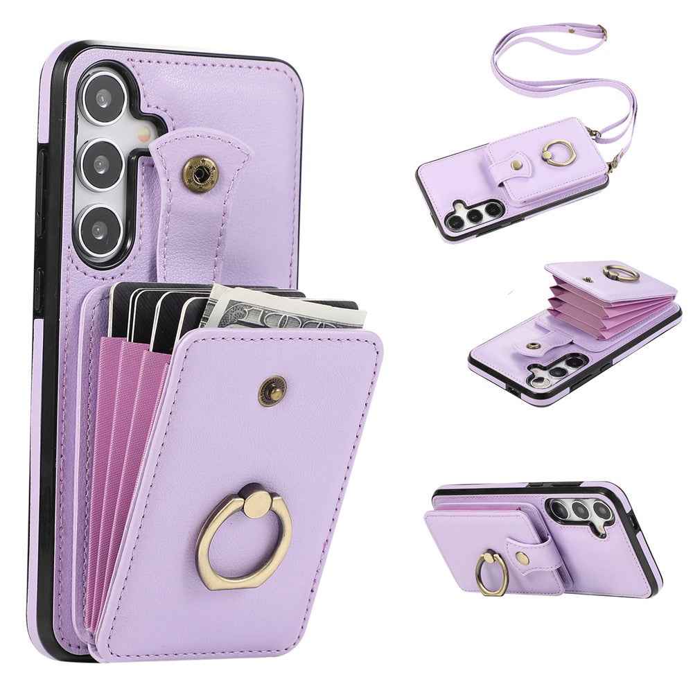 For Samsung Galaxy A57 5G Case Card Holder Ring Kickstand TPU + PU Leather Phone Cover with Long Strap - Purple