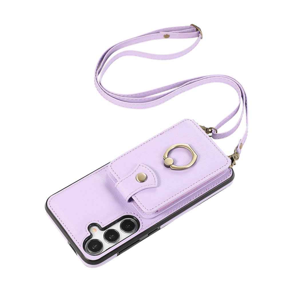 For Samsung Galaxy A57 5G Case Card Holder Ring Kickstand TPU + PU Leather Phone Cover with Long Strap - Purple