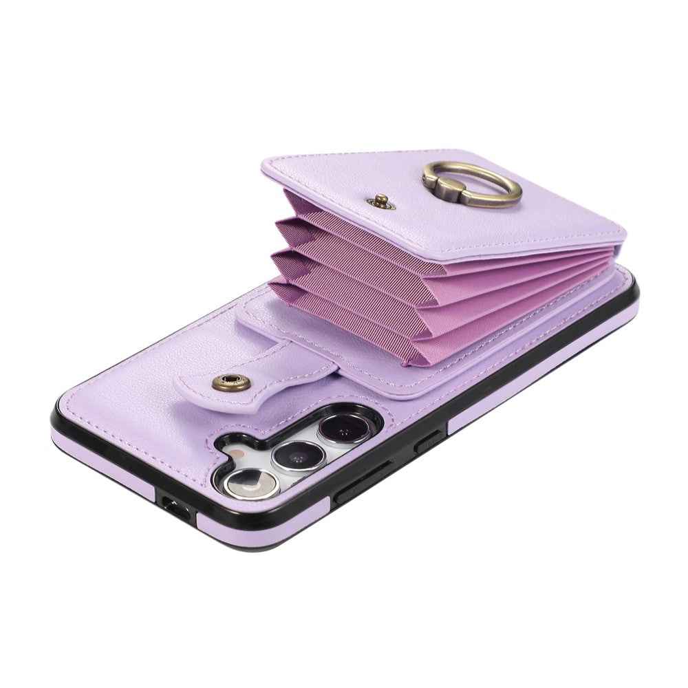 For Samsung Galaxy A57 5G Case Card Holder Ring Kickstand TPU + PU Leather Phone Cover with Long Strap - Purple