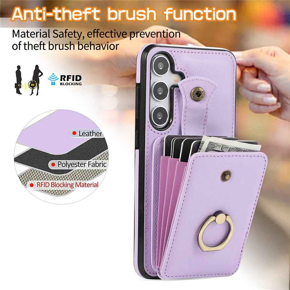 For Samsung Galaxy A57 5G Case Card Holder Ring Kickstand TPU + PU Leather Phone Cover with Long Strap - Purple