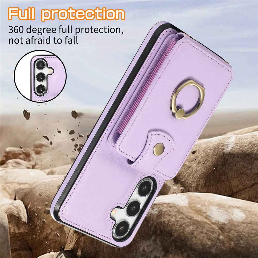 For Samsung Galaxy A57 5G Case Card Holder Ring Kickstand TPU + PU Leather Phone Cover with Long Strap - Purple