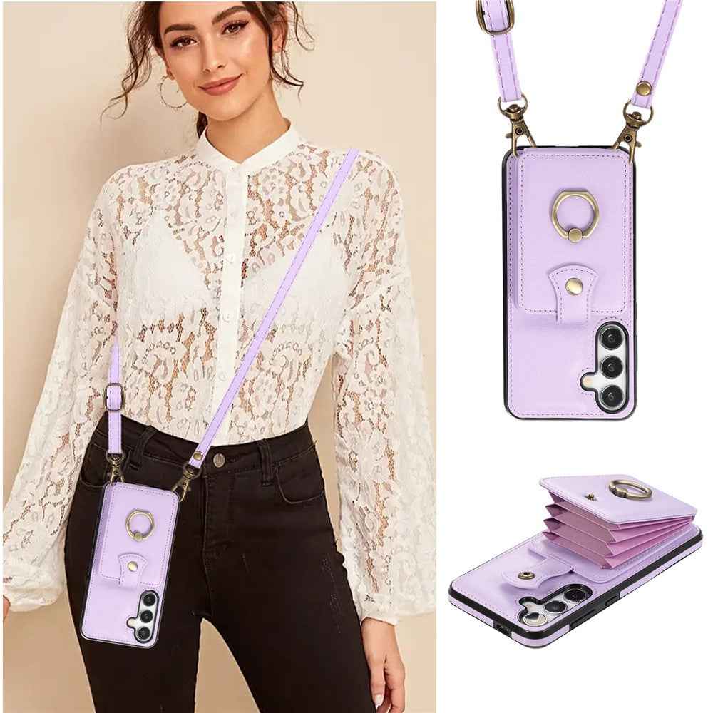 For Samsung Galaxy A57 5G Case Card Holder Ring Kickstand TPU + PU Leather Phone Cover with Long Strap - Purple