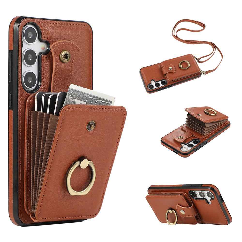 For Samsung Galaxy A57 5G Case Card Holder Ring Kickstand TPU + PU Leather Phone Cover with Long Strap - Brown