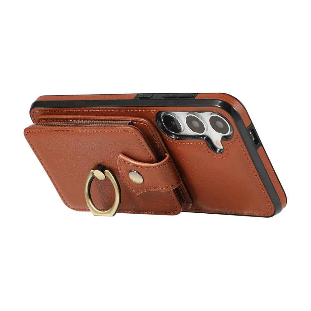 For Samsung Galaxy A57 5G Case Card Holder Ring Kickstand TPU + PU Leather Phone Cover with Long Strap - Brown