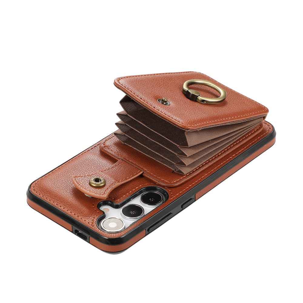 For Samsung Galaxy A57 5G Case Card Holder Ring Kickstand TPU + PU Leather Phone Cover with Long Strap - Brown