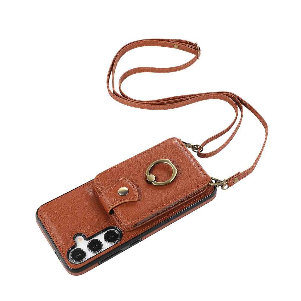 For Samsung Galaxy A57 5G Case Card Holder Ring Kickstand TPU + PU Leather Phone Cover with Long Strap - Brown