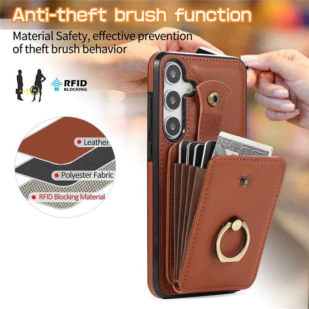 For Samsung Galaxy A57 5G Case Card Holder Ring Kickstand TPU + PU Leather Phone Cover with Long Strap - Brown