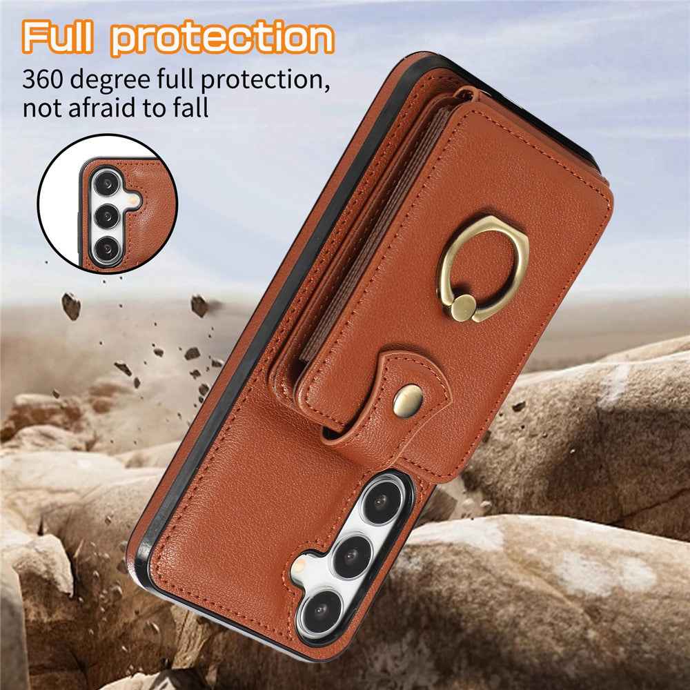 For Samsung Galaxy A57 5G Case Card Holder Ring Kickstand TPU + PU Leather Phone Cover with Long Strap - Brown