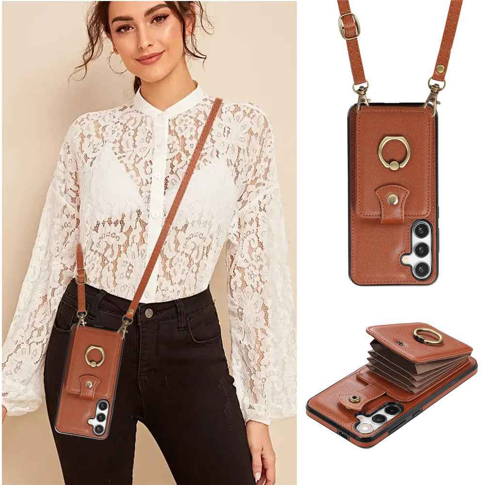 For Samsung Galaxy A57 5G Case Card Holder Ring Kickstand TPU + PU Leather Phone Cover with Long Strap - Brown