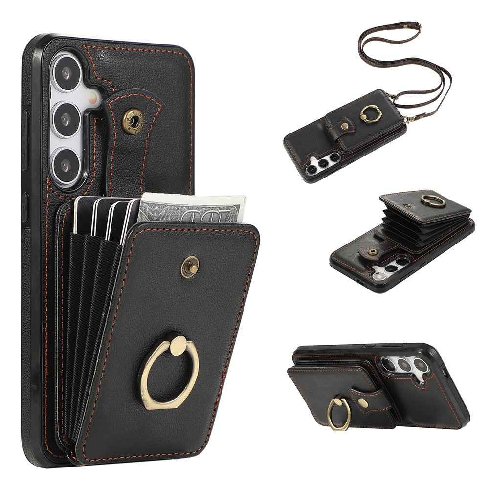 For Samsung Galaxy A57 5G Case Card Holder Ring Kickstand TPU + PU Leather Phone Cover with Long Strap - Black