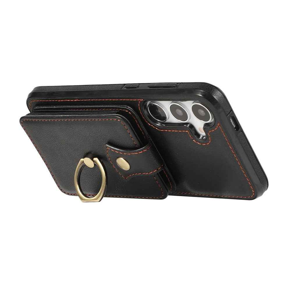 For Samsung Galaxy A57 5G Case Card Holder Ring Kickstand TPU + PU Leather Phone Cover with Long Strap - Black