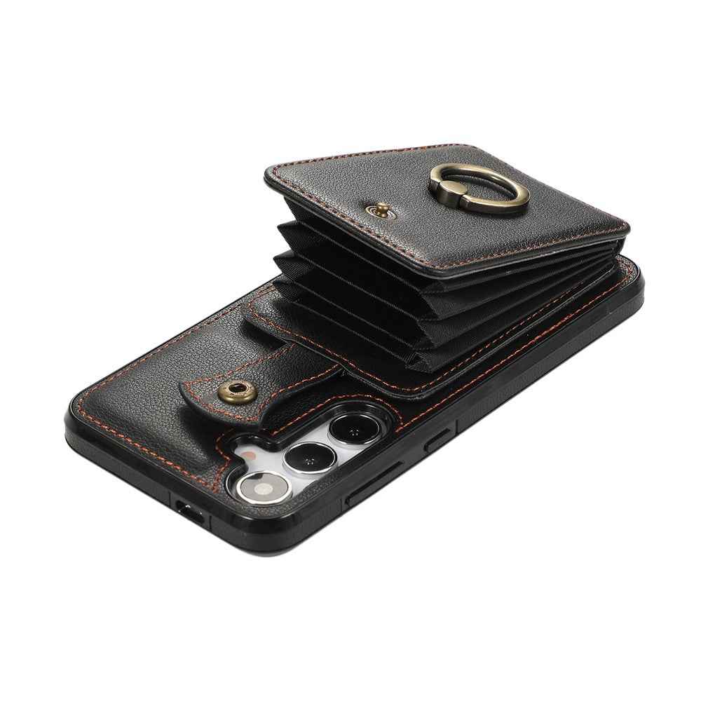 For Samsung Galaxy A57 5G Case Card Holder Ring Kickstand TPU + PU Leather Phone Cover with Long Strap - Black