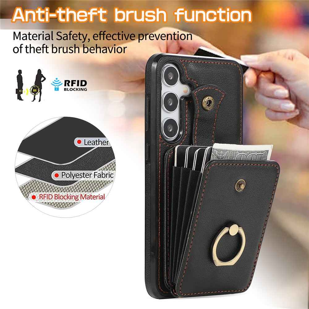 For Samsung Galaxy A57 5G Case Card Holder Ring Kickstand TPU + PU Leather Phone Cover with Long Strap - Black