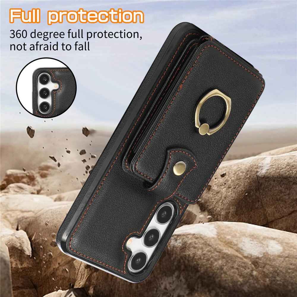For Samsung Galaxy A57 5G Case Card Holder Ring Kickstand TPU + PU Leather Phone Cover with Long Strap - Black