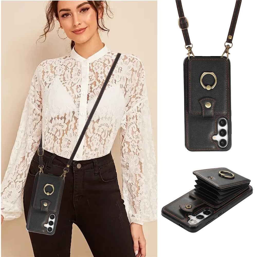 For Samsung Galaxy A57 5G Case Card Holder Ring Kickstand TPU + PU Leather Phone Cover with Long Strap - Black