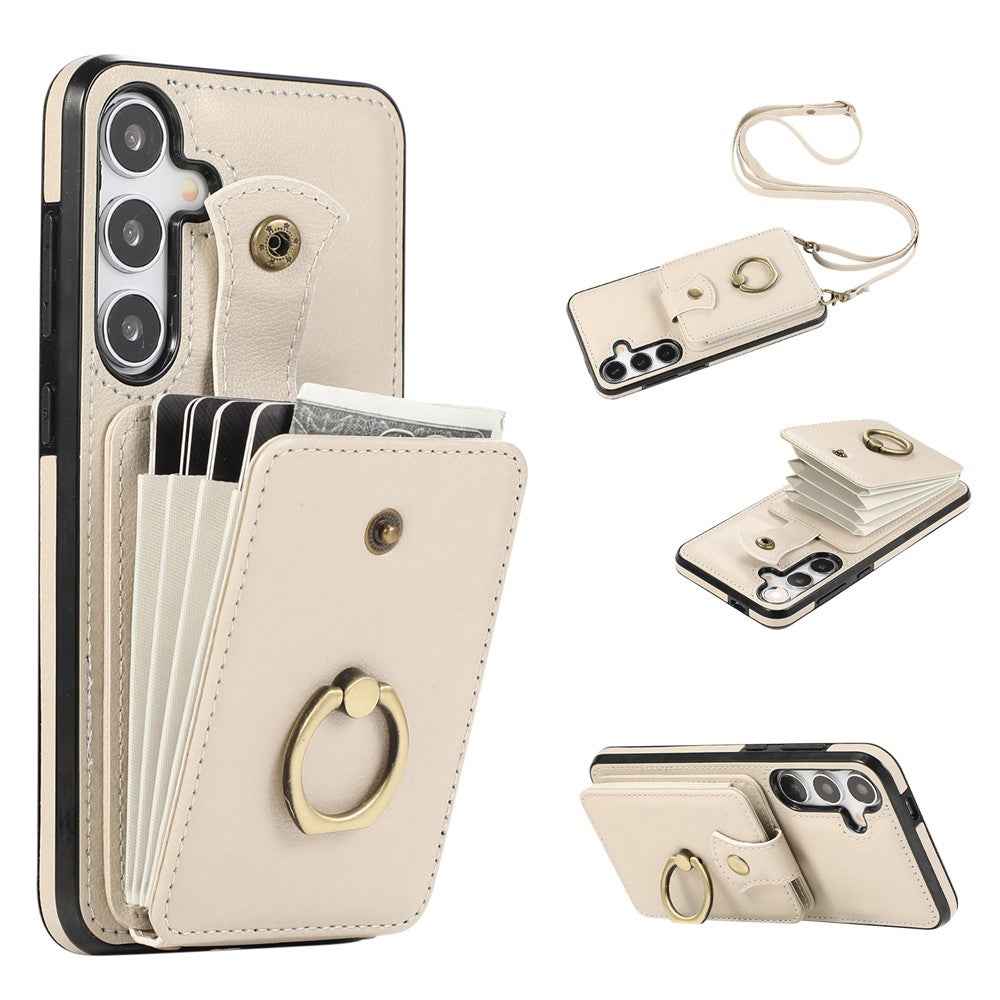 For Samsung Galaxy A57 5G Case Card Holder Ring Kickstand TPU + PU Leather Phone Cover with Long Strap - Beige