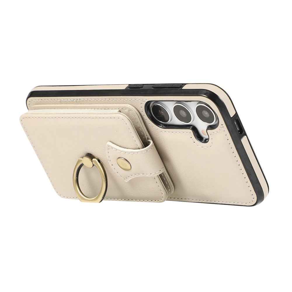 For Samsung Galaxy A57 5G Case Card Holder Ring Kickstand TPU + PU Leather Phone Cover with Long Strap - Beige