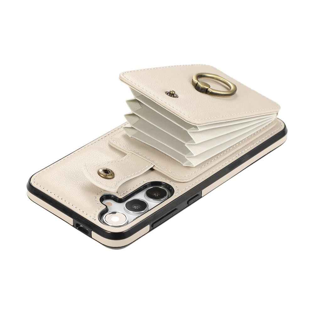 For Samsung Galaxy A57 5G Case Card Holder Ring Kickstand TPU + PU Leather Phone Cover with Long Strap - Beige