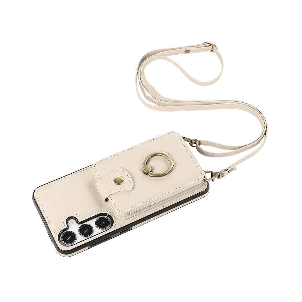 For Samsung Galaxy A57 5G Case Card Holder Ring Kickstand TPU + PU Leather Phone Cover with Long Strap - Beige