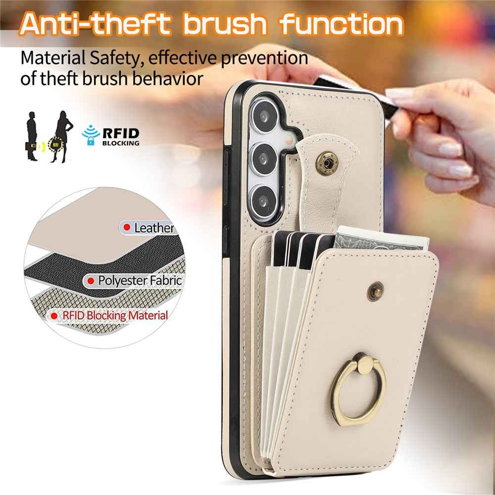 For Samsung Galaxy A57 5G Case Card Holder Ring Kickstand TPU + PU Leather Phone Cover with Long Strap - Beige