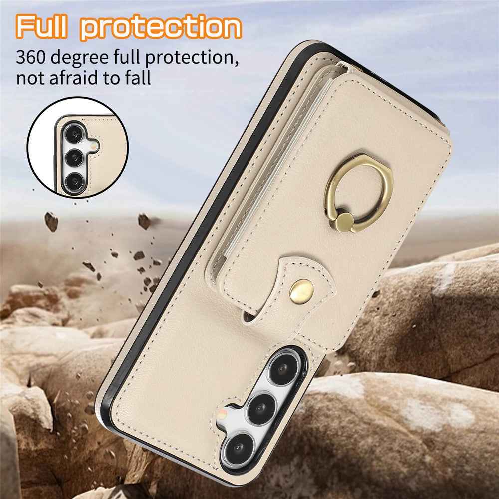 For Samsung Galaxy A57 5G Case Card Holder Ring Kickstand TPU + PU Leather Phone Cover with Long Strap - Beige